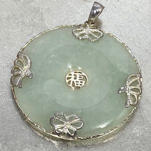 Genuine Green Jade & Sterling Silver Round Pendant